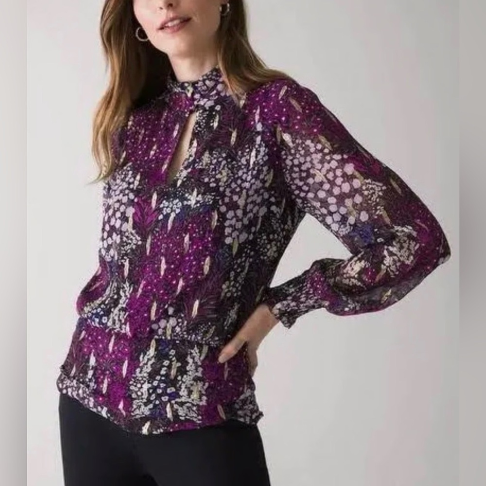 White House Black Market Floral Metallic Blouse Size 4 NWT Sheer Long Sleeve Top